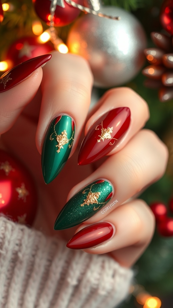Elegant Almond Nail Design for the Holidays Elegant almond nails in red and green with gold glitter on a festive Christmas background.